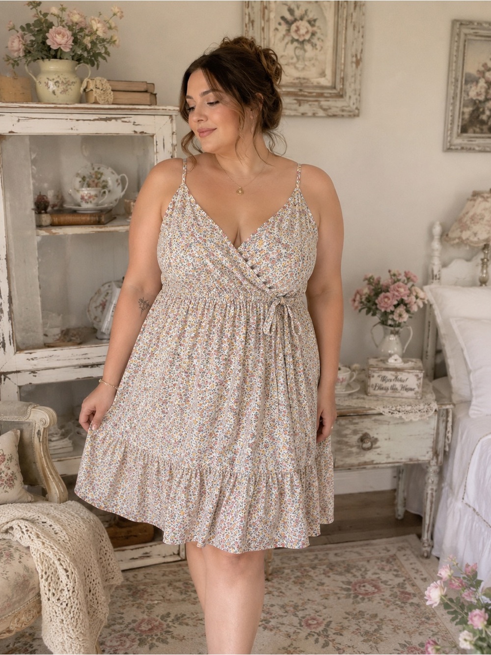 AUW Floral Shabby Chic Cottagecore Faux Wrap Sleeveless Dress Size 3X